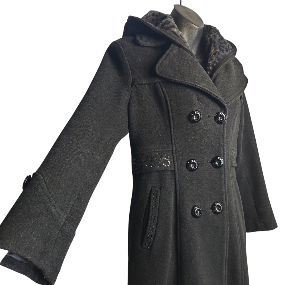 Women's Black Peacoat Removable Hood Double Breast Size S - Picture 5 of 8